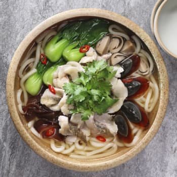 HKrecipe350Udon in Soup with Cilantro Preserved Egg Sliced Fish and Black Fungus