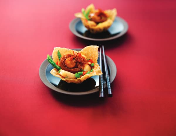 Abalone Dices on Fried Wanton Wrappers