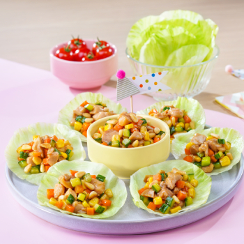 Stir-fried Chicken with Corn and Pine Nuts Lettuce Wrap