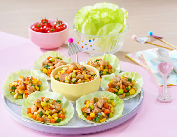 Stir-fried Chicken with Corn and Pine Nuts Lettuce Wrap