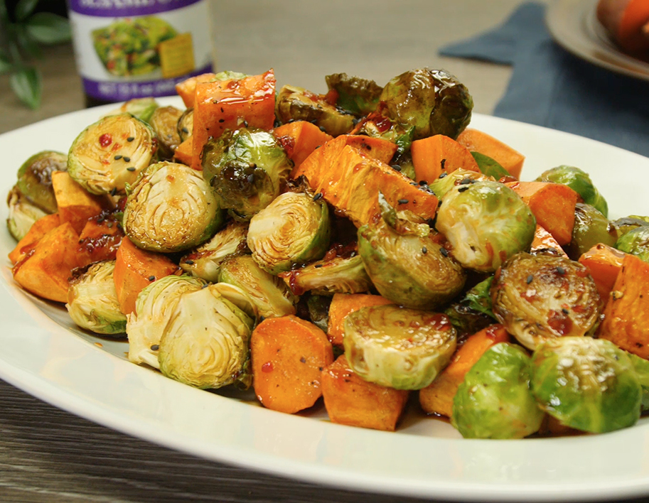 Recipe Roasted Brussels Sprouts and Sweet Potatoes with Sesame-Honey Glaze