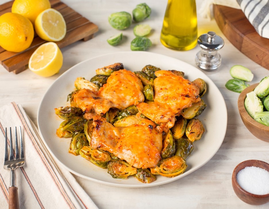 Sweet and Spicy Baked Chicken Thighs with Brussels Sprouts