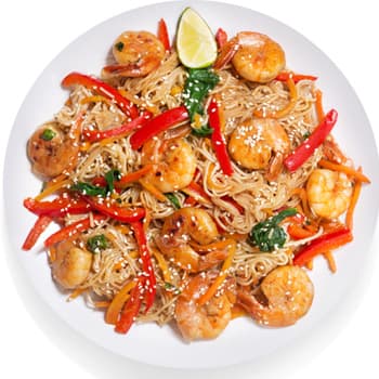 Spicy Oriental Noodles with grilled prawns