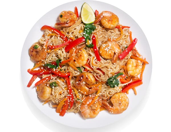 Spicy Oriental Noodles with grilled prawns