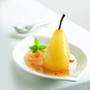 Poached Pear in White Wine with Plum Sauce