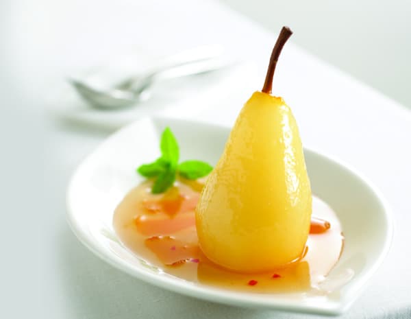Poached Pear in White Wine with Plum Sauce